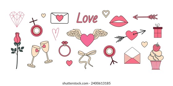 Valentine's day clipart. Pink hearts, love mail, ring, flower, gift, glass of wine, lips, arrow. Girly retro romantic stickers, doodles. 