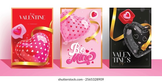 Valentine's day clipart poster set. Valentine greeting card with colorful inflatable hearts balloons, speech bubble and gold ribbon elements in red, pink, and black background. Vector illustration 