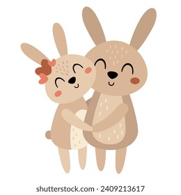 Valentines day clipart. Valentines rabbits in cartoon flat style. Kids Valentines illustration.