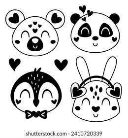 Valentines day clipart set. Black and white animal faces clipart. Cute Animal heads clip art. Cartoon rabbit, panda, penguin, mouse in flat style. Vector illustration.