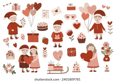 Valentine's day clipart set with cute elfs, vector hand drawn illustration on white background, collection of decorative elements for cards, posters, flyers, clothing, baby and nursery products