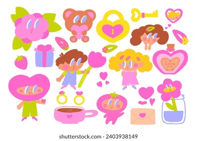 Valentine's day clipart set, cute cartoon characters, colorful kit