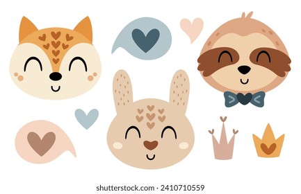 Valentines day clipart set. Cute animal faces clipart. Animal heads clip art. Cartoon rabbit, fox, sloth in flat style. Vector illustration.