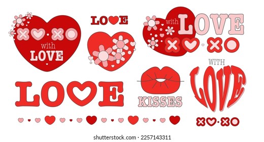 Valentine's day clipart set with seamless border, hearts, flowers, xo, kisses and love words in red and pink colors. Retro 70s style graphic for February 14 gift tag, sticker, shop banner, price label