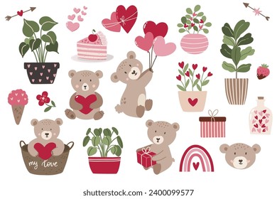 Valentine's day clipart set, vector hand drawn illustration on white background, collection of decorative elements for cards, posters, flyers, clothing, baby and nursery products