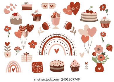 Valentine's day clipart set, vector hand drawn illustration on white background, collection of decorative elements for cards, posters, flyers, clothing, baby and nursery products