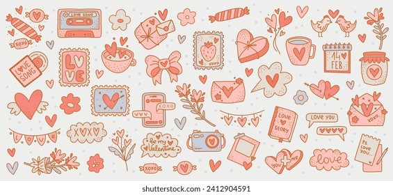 Clásicos de San Valentín: Colección vectorial de pegatinas temáticas de amor. Elementos románticos aislados con corazones, mensajes y caja de regalo para pegatinas de Journal, Scrapbooking y tarjetas de felicitación