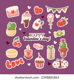 Valentine's day cliparts sticker style vector set. 18 isolated illustrations on a dark purple background. Perfect for stickers and greeting cards. 