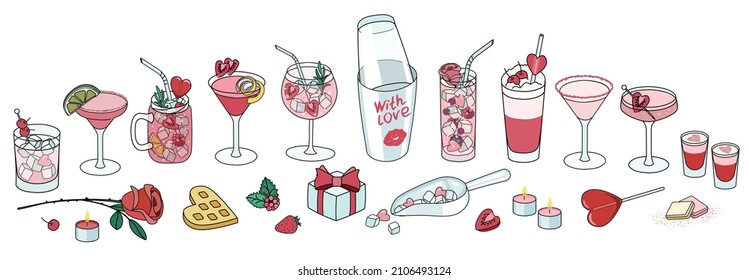 Valentines day cocktail collection set. Pink love drinks in glasses, chocolate and berries, bar shaker, ice scoop and romantic attributes. Vector illustration in cartoon doodle style