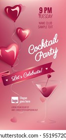 Valentines Day Cocktail Party Flyer with blurred background,  glossy heart-shaped balloons and martini cocktail.Vector illustration