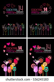 Valentine's Day cocktail party posters. Four variants of vector mock up with various cocktail glasses on a black background. 