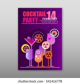 Valentine's Day cocktail party vector poster template, size A4. 