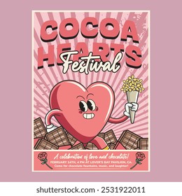 Afiche del Festival de Corazones de Cacao del Día de San Valentín con el personaje de Pink Heart en la Ilustración vectorial de dibujos animados retro Groovy Antiguas