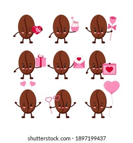 Valentines day coffee beans icon set isolated. Cute roasted coffee grains character in love with heart, gift, balloon, rose, letter, cupcake. Flat design cartoon vector romantic clip art illustration