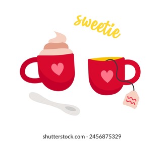 Valentines day coffee cups. Romantic breakfast beverage, love celebrating cartoon vector illustration