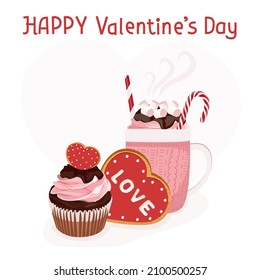 Valentines day coffee. Gingerbread heart. Holiday cookie in shape of heart. Illustration for valentine's day, wedding. Vector illustration.