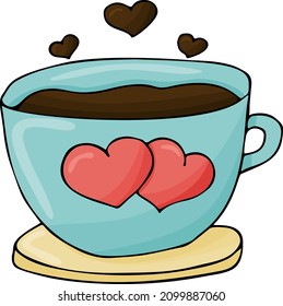 Valentine's Day coffee mug with hearts, made in the style of doodles and hand-drawn