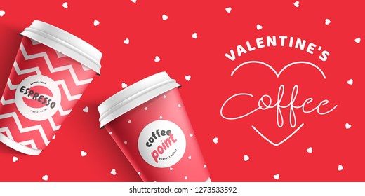 Valentine's Day With Coffee Paper Cup Red Site Banner Template. Realistic 3d Mockup Vector Eps 10 Design. Couple Coffee For Lovers On Valentine's Day. Mock Up Red Paper Cup With Cafe Logo.