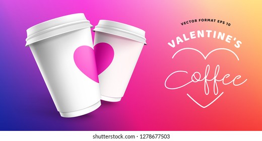Valentine's Day With Coffee Paper Cup Red Site Banner Template. Realistic 3D Mock Up Vector Eps 10 Design. Couple Coffee For Lovers On Valentine's Day. Mock Up Instagram Color Paper Cup 