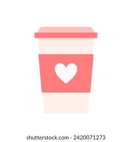 Valentine's Day with coffee paper cup pink color. Coffee for lovers on Valentine's Day. Mock up red paper cup with cafe logo.