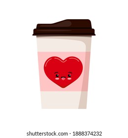 Valentines day coffee or tea paper cup decorated with heart with face illustration isolated on white background. Romantic card template character element. Vector flat style drink to go design mug.