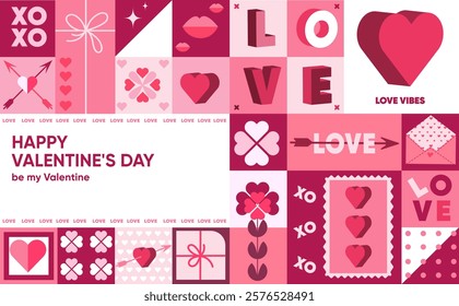 Valentine's Day collage banner background with featuring hearts, love symbols, typography, and romantic elements in pink and red tones. Valentine's Day Collage with Hearts and Love Symbols.Vector 