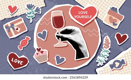 Valentines day collage banner with human hand holding wineglasses and Valentine objects in pop art style. A celebration with yourself. Valentines trendy background.