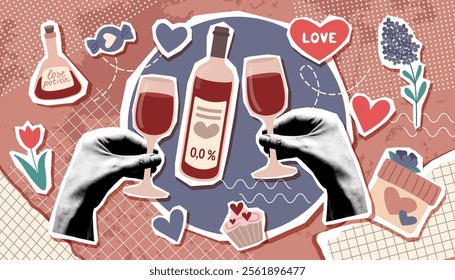 Valentines day collage banner with human hands holding wineglasses and Valentine objects in pop art style. Valentines trendy background.