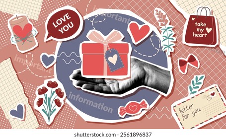 Valentines day collage banner with human hand photo and Valentine objects in pop art style. Valentines trendy background.