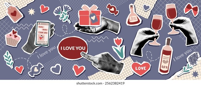 Valentines day collage banner with human hands photos and Valentine objects in pop art style. Valentines trendy background.