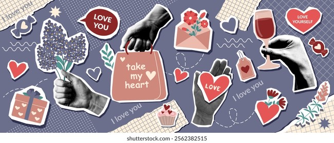 Valentines day collage banner with human hands photos and Valentine objects in pop art style. Valentines trendy background.