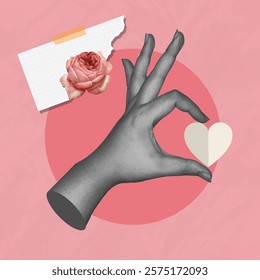 Valentine's Day collage featuring a hand making a heart gesture, Valentine concpet, Trendy retro 60s 70s cartoon style.