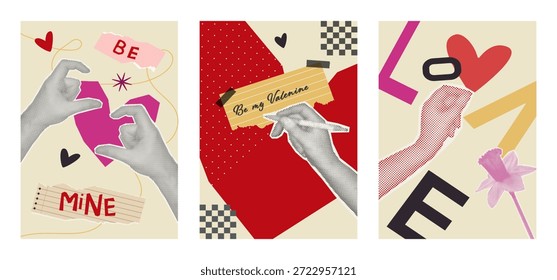 Conjunto de póster de collage de San Valentín. Diseño de moda retro con manos de medio tono, textura de papel rasgado, corazones y tipografía audaz.