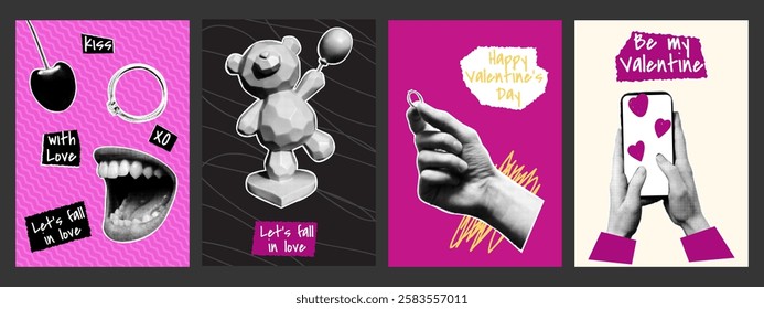 Valentine's Day collage posters with halftone effect. Statuette, lips, cherry, ring. Trendy vector illustration