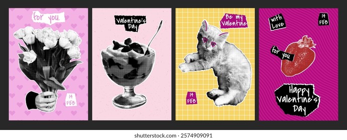 Valentine's Day collage posters set. Retro halftone effect. Bouquet of flowers, dessert, cat, strawberries. Trendy vector illustration.