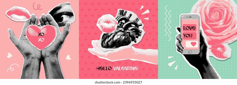 Valentine's day collage set. Contemporary art mixed art templates. Woman hand holds halftone anatomic human heart, phone. Paper cut out symbols for Valentine's Day. Retro vector illustration.