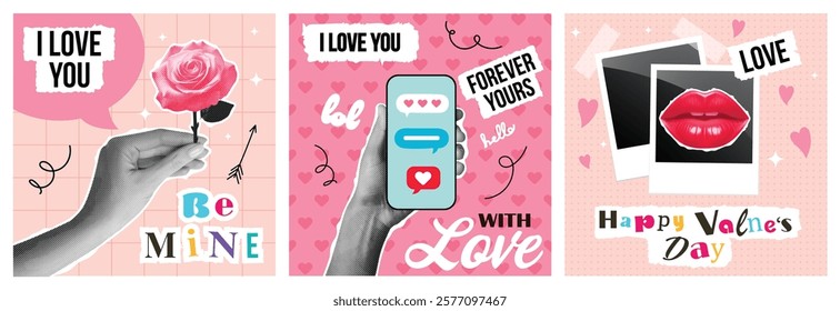 Valentine's day collage set. Contemporary art mixed art templates. Human hands different poses. Paper cut out symbols for Valentine's Day.  Retro vector illustration.