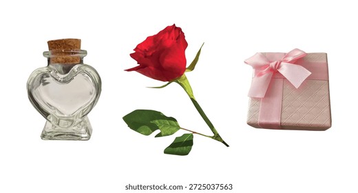 Collage de San Valentín en estilo semitono. Amor flor, rosa, caja, corazón. Elementos salpicados de recorte de revista romántica para pegatinas, 14 de febrero, boda, carteles, Anuncio. Grunge Ilustración vectorial aislada.
