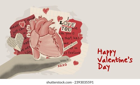 Valentine's day collage template. Contemporary art collage for Valentine's Day decoration. Woman hand holds halftone heart. Paper cut out symbols for Valentine's Day. Retro vector illustration.