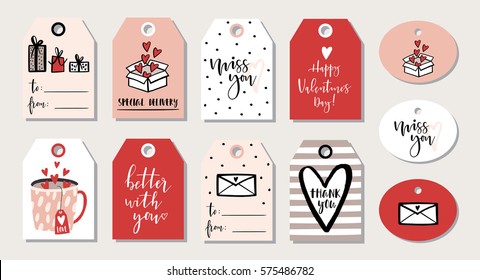 Valentines day collection with 11 gift tags and labels. Perfect for gift box, stickers, birthday, save the date invitation. Vector illustration