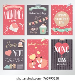 Valentine's day collection for banners,Placards with flag,letter,ribbon,bear,heart and fox