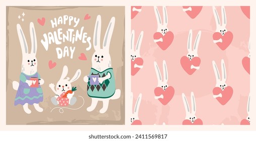 Colección de San Valentín con familia conejita. Tarjeta de saludo con dibujos animados con personajes animales bonitos y letras a mano. Patrón romántico sin fisuras con corazones y cabezas de liebre. Ilustración vectorial dibujada a mano.