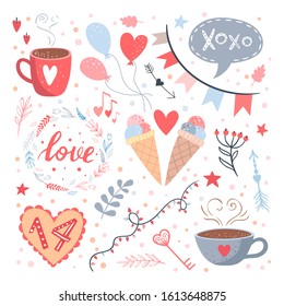 Valentine's day collection. A cozy date, romantic things on a white background. Card design and stickers.