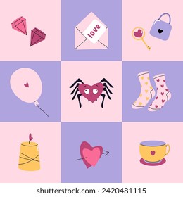 Valentinstag-Kollektion. Rutsche Elemente auf isoliertem Hintergrund.
