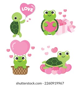 Valentinstag Kollektion mit süßen Schildkröten und Liebeselementen. 