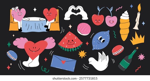 Valentine's Day. Collection of elements in modern trendy style. Groovy stickers. Date. Hippie shapes. Retro and vintage. Set of characters. Doodle and hand drawn. Love and heart. Сouple's holiday