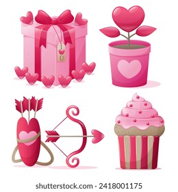 Valentine's day collection elements set. valentine gift, heart shaped flowers, cupid's bow, and valentine's cupcake. Stickers cartoon style. Vector illustration.