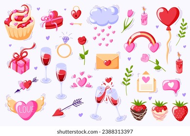 Valentines Day collection of elements and stickers in cartoon style. Heart shape, strawberry in chocolate, diamond ring, envelope letter and flowers. Valentines day romantic objects. Vector
