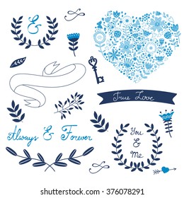 Valentines day collection with flowers, wreaths and other graphic elements. Retro style floral wreaths.