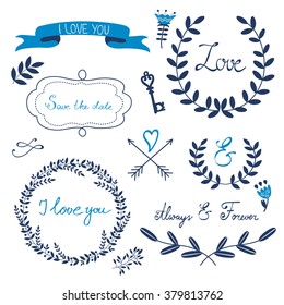 Valentines day collection with flowers, wreaths and other graphic elements. Retro style floral wreaths.